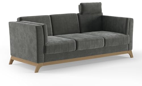 Cavadore 3er-Sofa Vida / 3-Sitzer Couch im trendigen Design mit massivem Holzrahmen in Buche, Kopfstütze mit Kuschelkissen / 213 x 84 x 93 / Mikrofaser, Grauoliv