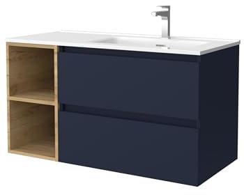Salgar Mueble de Baño Bequia 100cm + Coqueta 2 Huecos Izquierda + Lavabo cerámica | Azul Mate/Roble |100x45x56