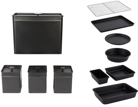Salter Kuro Canister & Stackable Baking Set – with Bread Bin, Tea, Coffee & Sugar Storage Containers, Baking Tray, Cake Tin, Tart Tin, Loaf Pan, Brownie Pan, Roasting Tin & Cooling Rack, COMBO-9360