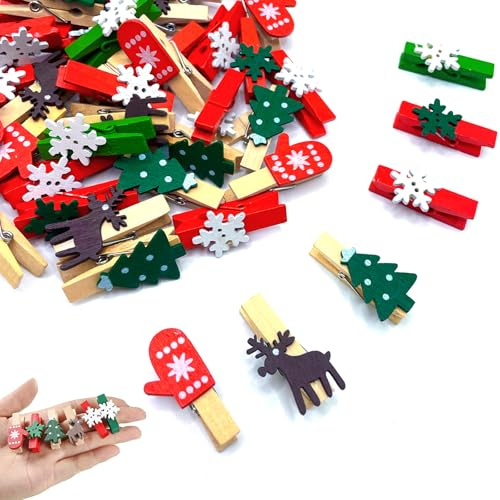 AIZQYC 50 Stück Weihnachten Mini Holz Clip, Klammern Weihnachten, Mini Holzklammern Weihnachten, Wäscheklammern Deko für Adventskalender, Fotowänden, Postkarten, Papiertüten