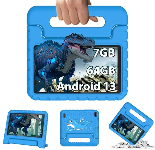 fezawio Tableta Infantil 7 Pulgadas, Tableta Android 13, 4 núcleos, 7GB RAM 64GB ROM (TF 512GB),3500mAh, cámara 5MP + 8MP, educación Infantil, Control Parental, WiFi 6, Bluetooth 5.0 Tapa Azul Eva