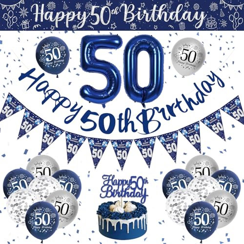 50. Geburtstag Deko Männer, Blau Silber Luftballons Geburtstag, Deko 50 Geburtstag Mann, Geburtstagsdeko 50 Jahre Party Deko mit Happy Birthday Girlande Konfetti Ballons für 50 Geburtstag Dekoration
