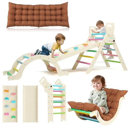 Yrthe Voitom Klettergerüst Indoor Montessori Spielzeug ab 1.5 2 3 4 + Jahr, Upgrade 7-in-1 Kletterdreieck mit Rutsche, Kletterbogen, Kissen, Kletterwand, Geschenk Kinder Junge Mädchen, Regenbogen
