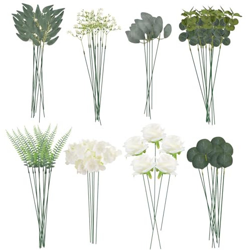 DXLing 65 Stück Künstliche Blumen und Zweige Kunstblumen Weiß Grün Kunst Blumen Blätter Künstliche Eukalyptus Rose Kunstblumenstrauss Dekozweige Fake Flowers für DIY Blumenstrauß Brautstrauß Hochzeit