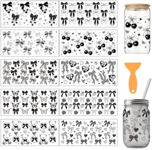 arricraft 10 Sheets Black Bow UV DTF Cup Wrap, Bow Tie Cherry Butterfly Little Bear Heart Flower Patterns Rub on Decals PVC Transfer Glass Sticker for Women DIY 16OZ Cups Furniture Wood