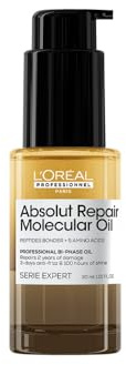 L'Oreal Professionnel, Olio Bifasico per Capelli, Adatto a Tutti i Tipi di Capelli Danneggiati, Azione Riparatrice, Effetto Anti Crespo, Capelli Luminosi, Absolut Repair Molecular, 30 ml