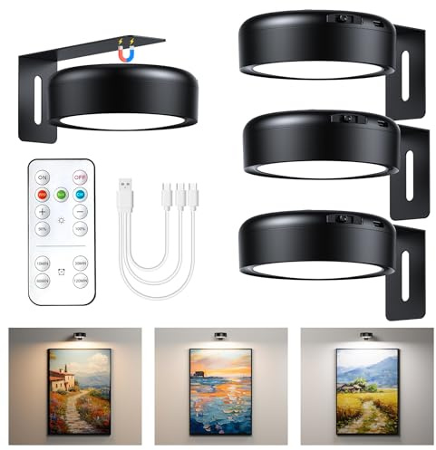 3 Stück Bilderleuchte Kabellos mit Fernbedienung, Magnetische Bildbeleuchtung Kabellos mit 3 Lichtfarben & Einstellbarer Helligkeit & Timer, 2000mAh Wandlampe akku Aufladbar für Fotorahmen Dartboard