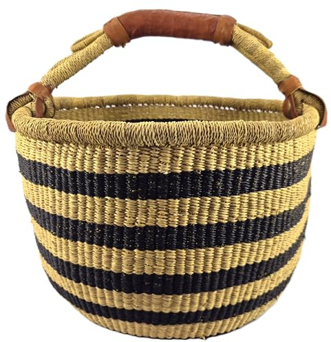 Großer Bolga Rundkorb ca Ø 40 x 40 cm – Original aus Ghana – Handgefertigt – Fair Trade – Einkaufskorb mit Ledergriff – Schwarz und Naturfarbene Streifen