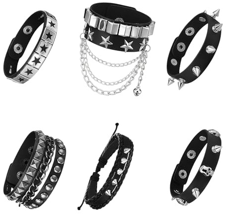 Tastetreasure 6 Stück Punk Rock Armbänder Set, Nieten Spikes Schwarz Leder Manschettenarmbänder, Gothic Grunge Emo Verstellbare Armbänder, Alt-Accessoires für Damen & Herren