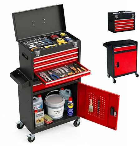 Relaxdays Werkstattwagen, 5 Schubladen & Aufsatzbox, abschließbar, HBT: 104x59,5x28 cm, Rollwagen, Stahl, schwarz-rot
