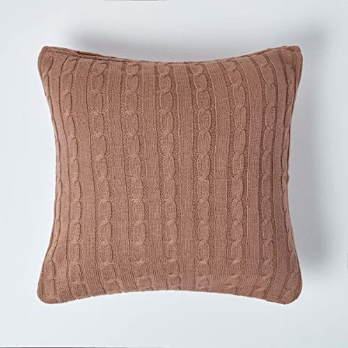 Homescapes braune Kissenhülle für Zierkissen/Sofakissen mit Strick-Zopfmuster, quadratischer Zierkissenbezug 45 x 45 cm aus 100% Baumwolle, Schokobraun