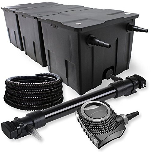SunSun Komplettset: CBF-350C Teichfilter bis 90000 L Teichfilteranlage als Durchlauffilter, NEO10000 SuperECO Teichpumpe 10000l/h 80W, CUV-672 Teichklärer UVC Klärer mit 72W, 25m Teichschlauch 25 mm