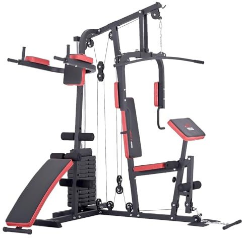 TrainHard® Kraftstation Multistation Fitnessstation Home Gym 65 kg Gewichten inkl. Dipstation, Beinhebe + Sit Up Bank