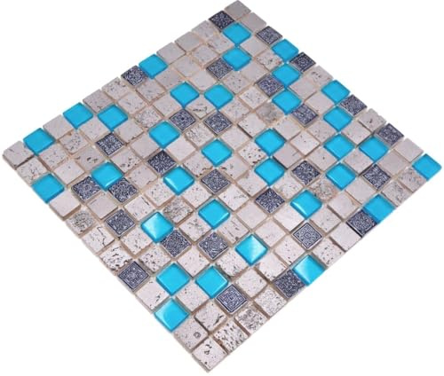 Mosaik Quadrat Crystal/Stein/Resin mix blau Glasmosaik Rustikal, Mosaikstein Format: 23x23x8 mm, Mattengröße: 327x302 mm, 1 Matte