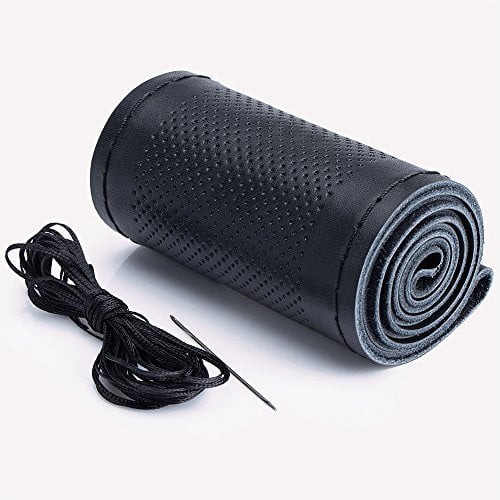 FMS Echtes Leder Lederbezug 37 – 38.5cm Naht DIY Lenkradbezug Lenkradhülle Lenkradschoner Echt Leder (Prägemuster, 37 – 38.5 cm)