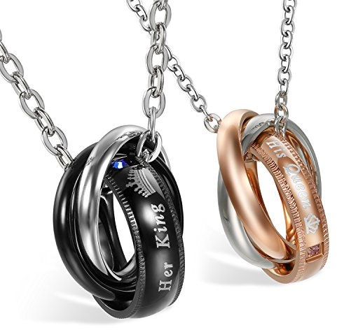 OIDEA Edelstahl Paar Halskette mit Ring Anhänger, mit Gravur Her King His Queen Krone Anhänger, 5A Zirkonia, Silber Schwarz für Sein und Ihr