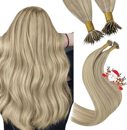 YoungSee Nanoring Extensions Echthaar Blond Nanoring Extensions Goldblond Strahnchen Mittelblond Nano Ring Hair Extensions Nanoring Echthaar Nano Beads Hair Extensions Glatt 35cm 50g #16/22