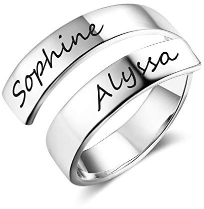 Grand Made Bague Twist Personnalisée 2 Nom Ouvert Réglable Gravée Nom BFF Cadeau Personnalisé Mère Promesse Anneau Anniversaire Saint Valentin Anneau Argent Bague Femmes (Argent, Acier inoxydable)