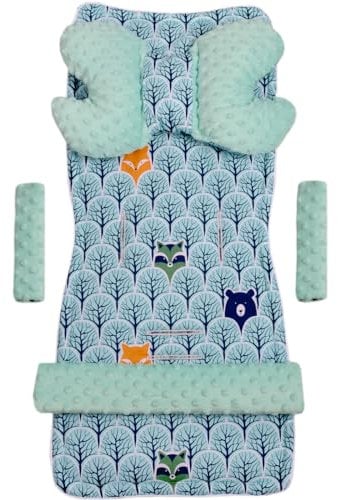 Medi Partners Sitzauflage Kinderwagen Buggy Baby Sommer Kindersitz Einlage Universal - 5tgl Gurtpolster + Spielbogen Kinderwagenset Babyschale (Wald mil minzer Minky)