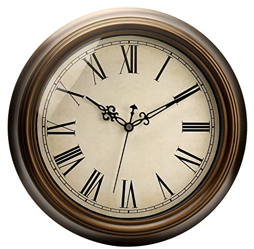 Plumeet Metal Wall Clock, 13'' Non Ticking Classic Silent Iron Wall Clocks Decorative Kitchen Living Room Bedroom, Roman Numerals, Battery Operated, Brown
