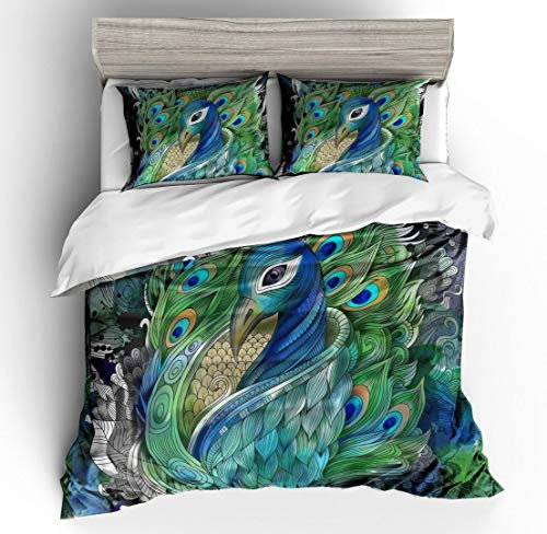 Kinder 3D Pfau Betten Set Feder Indisch Stil Bettwäsche Set Boho Weiche Mikrofaser Luxus Peacock Design Bettbezug mit 1 Kissenbezug 2 teilig 135x200 cm + 80x80 cm, Mädchen