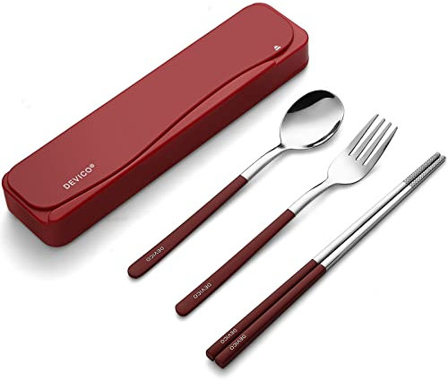 DEVICO Travel Cutlery Set, Camping Cutlery Set for 1, Portable 18/8 Stainless Steel Camping Utensils Include Fork Spoon Chopsticks (Red)