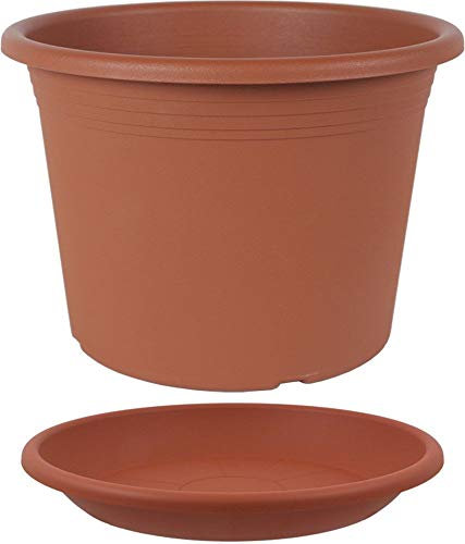 MePla - Blumentopf Pflanzkübel Cylindro ø40 cm + Untersetzer ø39 cm, Terrakotta, wetterfest aus UV-beständigem Kunststoff