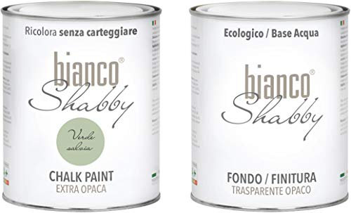 CHALK PAINT Verde Salvia & FINITURA - Pittura Shabby Chic EXTRA OPACA (1 litro) + Finitura Trasparente Opaco (1 litro)