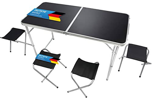 Table Pliante multifonctionnelle Table de Camping Table de marché Pliante Table de marché réglable en Hauteur Table d'appoint pour Le Camping (Set de Camping avec 4 chaises - Noir)