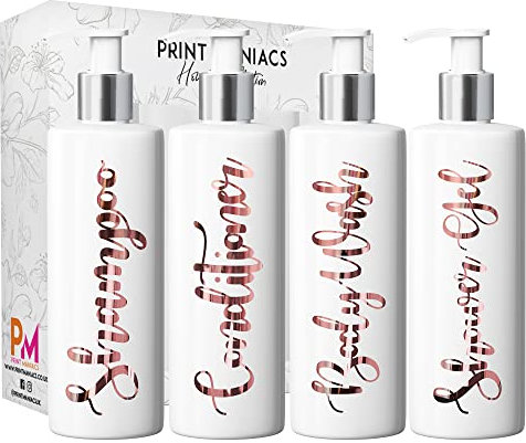 Print Maniacs White Mrs Hinch Inspired Personalised 500ml Pump Bottles Bathroom Lotion Kitchen Set Shampoo Conditioner (Shower Gel Set) (Rose Gold)
