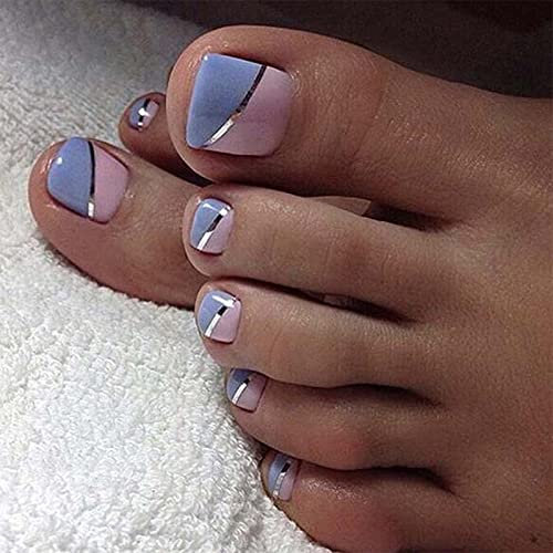 Yheakne Coffin Press on Toenails Glossy Ballerina Fake Toe Nails Fashion Clip on Nails Full Cover False ToeNails Tips for Women and Girls 24Pcs (Blue and pink)