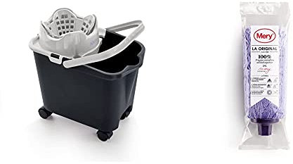 Mery 0336.12 Cubo con Escurridor Automatico, Polipropileno + Microfibras | Super Absorbente | Fregona con Cabezal Extragrande | No Deja Rastro | 22Cm, Compuesto, Lila, 26 Cm