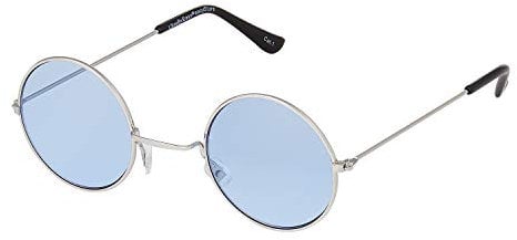 Silver With Blue Lenses Small Round UV400 Sunglasses - Stylish Festival and Designer Glasses for Men and Women - Cool Metal Shades