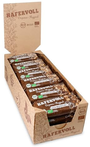 HAFERVOLL Organic Flapjack Cacoa Nib & Hazelnut, 18 x 60 g Müsliriegel - Bio-zertifiziert, mit Honig ohne Zusatz von Zucker, Hafer, im Ofen gebacken