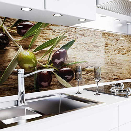 danario Küchenrückwand selbstklebend - Glasoptik - Spritzschutz Küche - versteifte PET Folie - 0,8 mm - Oliven - 60cm x 60cm