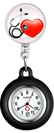 Silverora Silikon Krankenschwester Uhr einziehbar mit Stethoskop Herz Muster Revers Clip-on Taschenuhr für Arzt Krankenschwestern Silikonhülle für Frauen und Männer