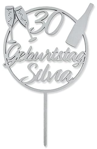 Geburtstag Cake Topper mit Namen und Zahl - Cake Topper aus Holz - personalisierter Tortenstecker zum Geburtstag - Tortenstecker mit Name (Silber, Zahl + Name)