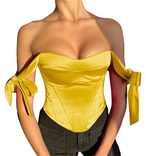 FeMereina Women's Vintage Off Shouder Corset Crop Top Sexy V-Neck Satin Boned Zip Back Bow Tie Bustier Top Sleeveless Push Up Tank Tops (Yellow, Large)