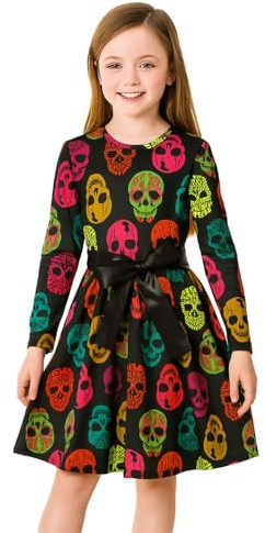 A2Z 4 Kids Multi Skull Print Skater Dress Girls Ages 5-13 Years | Long Sleeve Halloween Party Dress Soft Contrast Comfortable Stylish