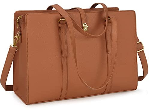 IGOLUMON Laptop Bags for Women 15.6 Inch Ladies Tote Bag Large Leather Laptop Handbag Designer Work Shoulder Bag for Computer Office Business School Brown