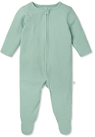 MORI Ribbed Clever Zip Sleepsuit in Bamboo & Organic Cotton, Multiple Sizes | Concealed double-directional zipper ensures quick nighttime diaper changes, with fold-over scratch mitts up to 9 months.