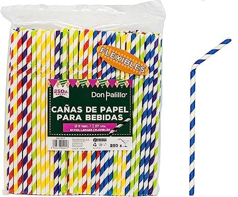 DON PALILLO - 250 pailles en papier à rayures de couleurs assorties. 23 cms.100% biodégradables et compostables. Cannes pour fêtes, anniversaires et célébrations (1)