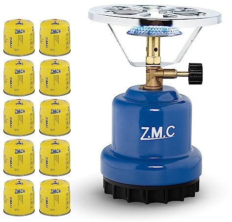 Z.M.C Campingkocher Gaskocher 1,1 kW + 10x Gaskartuschen 190g ultraleicht | stufenlose Flammenregelung | nur ca. 80 g/h Verbrauch | 13x19 cm passt in Rucksack | Butan