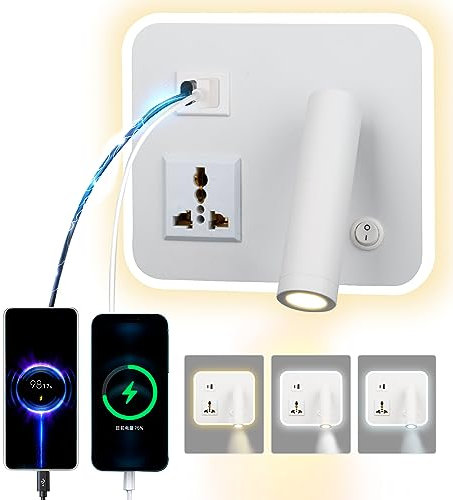 uksunvi LED Leselampe Wandlampe Mit Universalsteckdose USB Type-C-Zwei AufladungMund Schalter Verstellbarer 12W 3000K Wandleselampe Aluminium Bettlampe Drehbar (Quadratisch Weiß)