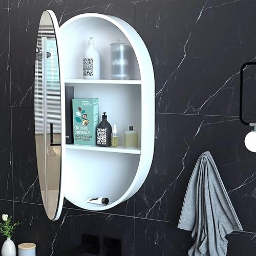 UkewEi Bois Armoire de Toilette avec Miroir Lumineux LED, Dimmable, Meuble Salle de Bain Porte Simple avec 2 Niveaux, Armoire À Pharmacie avec Miroir et Espace de Rangement, Rond, 40*70cm ( Color : D