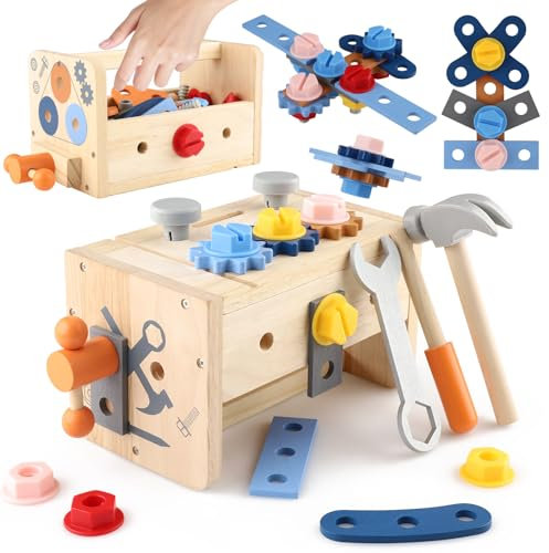 Mezzar Outil Coffre Enfants Jouet Bois Jouet, Ensemble de 18 Werkbank Outil Enfants, Montessori à partir de 2 3 4 5 6 7 Ans, Jeu de Marteau vis pour Enfants, Jeux d'apprentissage Cadeau Jeune FI