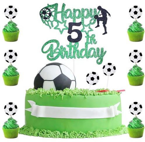 BIGJIYU 9 Stück Tortendeko Fussball 5 Jahre,Tortendeko 5. Geburtstag,1 Doppelseitiger Glitter Cake Topper Geburtstag and 8 Fussball Cupcakes Deko für Jungen Sport Party, 2023-5TH