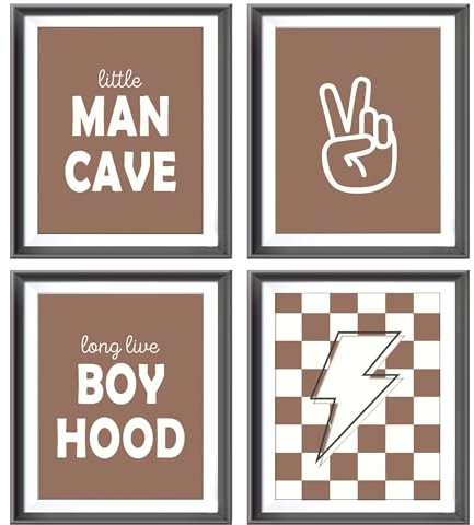 Little Man Cave, Retro, adrett kariert, Lightning Peace-Schild, Long Live Boyhood, Poster für Jungen, Teenager, Wohnheim, Dekoration, adrette Dekorationen, Drucke, Wandkunst, ungerahmt, 4 Stück,