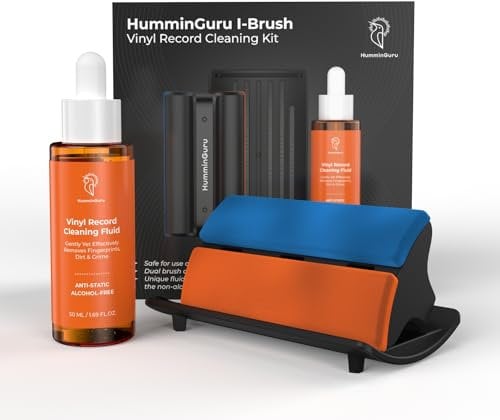 HumminGuru I-Brush - Kit de limpieza de discos de vinilo, kit de limpieza antiestático con almohadillas de terciopelo duales, cepillo para discos de vinilo + solución de limpieza de discos sin alcohol
