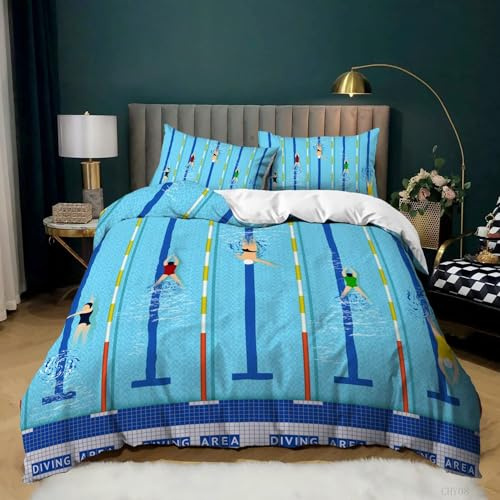 Sezhiqeu Set Copripiumino Singolo Piscina Blu, Biancheria da Letto Nuoto in Microfibra Morbida, 3d Copripiumino 155x200 cm e 2 Federe con Cerniera A7578